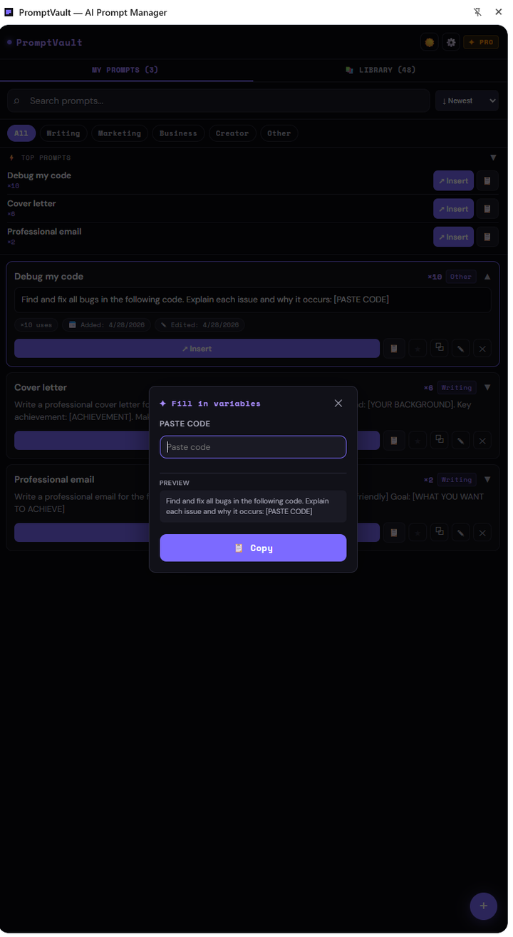 Fill variables modal